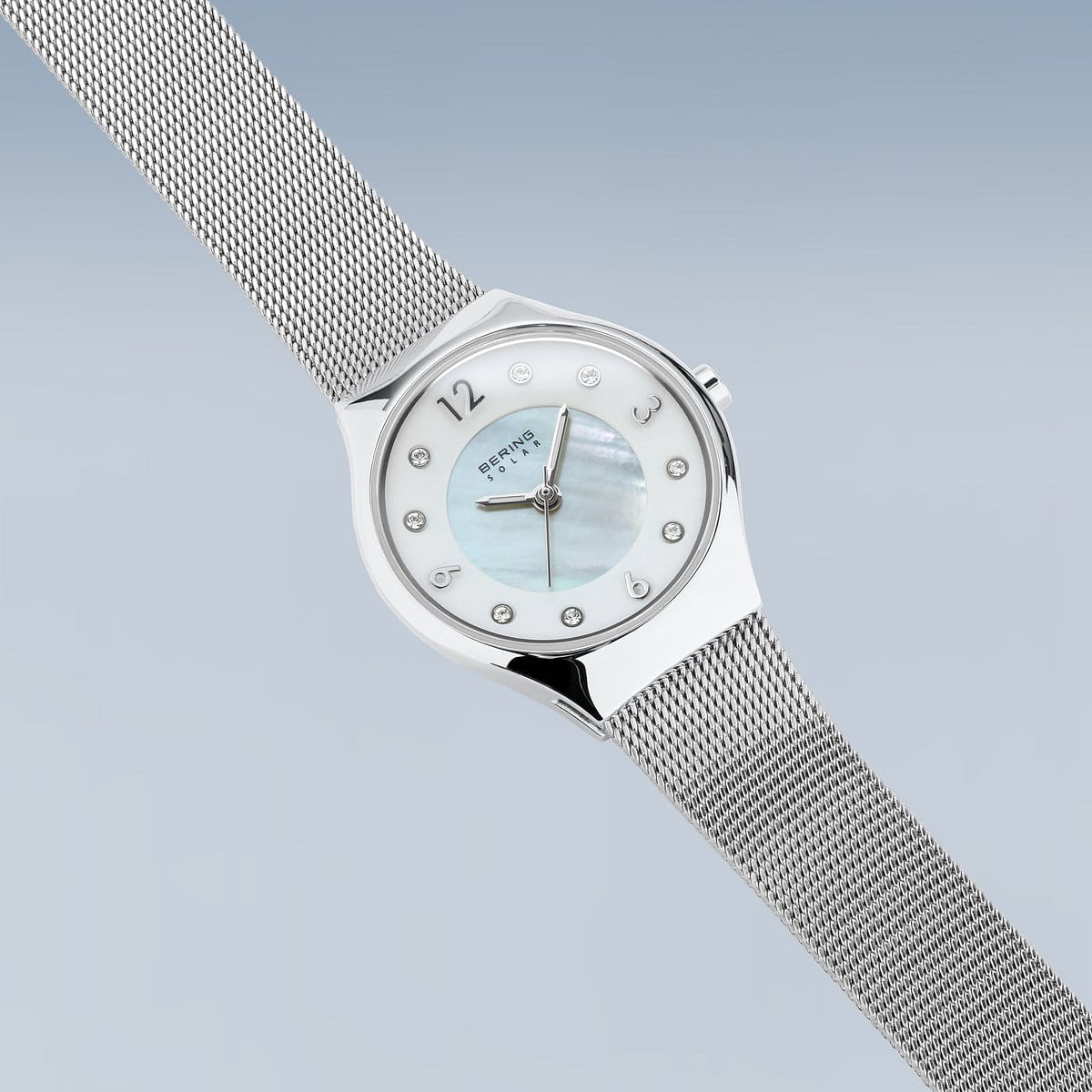 BERING Solar Polished Silver 27mm White Mother of Pearl Dial Women's Watch 14427-004