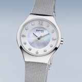 BERING Solar Polished Silver 27mm White Mother of Pearl Dial Women's Watch 14427-004