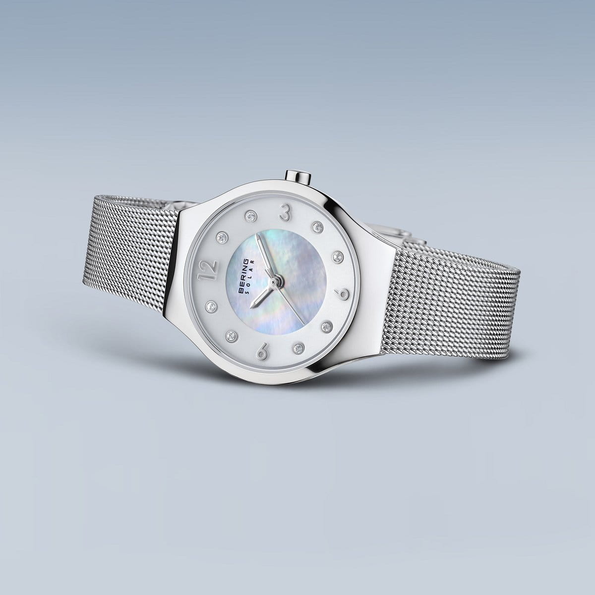 BERING Solar Polished Silver 27mm White Mother of Pearl Dial Women's Watch 14427-004