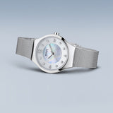 BERING Solar Polished Silver 27mm White Mother of Pearl Dial Women's Watch 14427-004