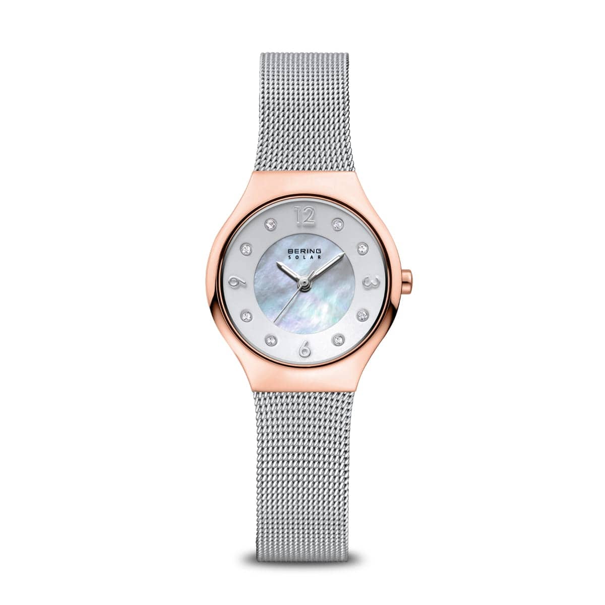 BERING Solar Polished Rose Gold 27mm White Mother of Pearl Dial Women's Watch 14427-060