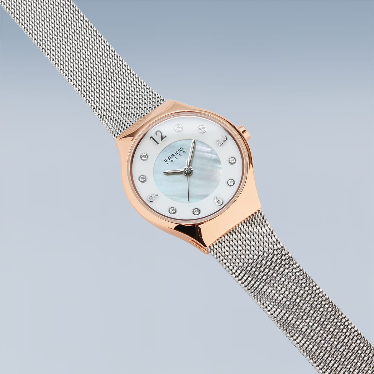 BERING Solar Polished Rose Gold 27mm White Mother of Pearl Dial Women's Watch 14427-060