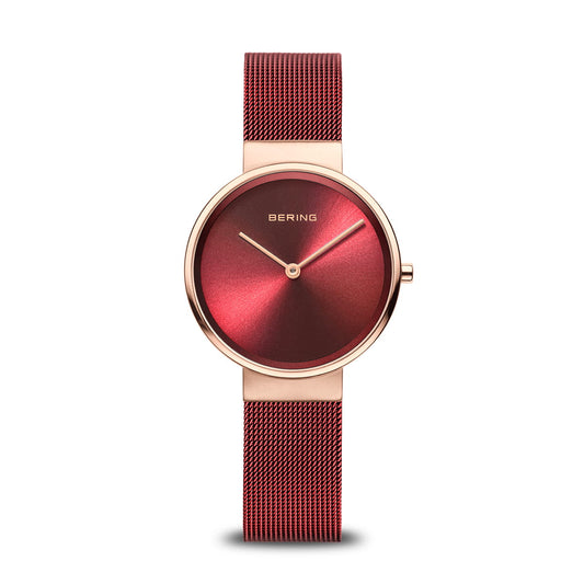 BERING Classic Polished/Brushed Rose Gold 31mm Red Sunray Women's Watch 14531-363