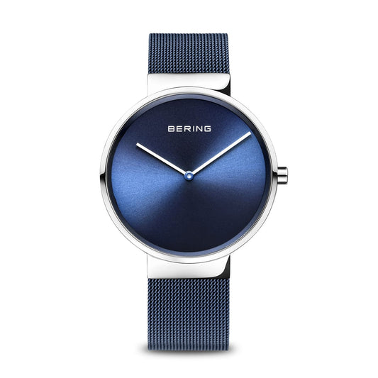 BERING Classic Polished Silver Blue 39mm Blue Sunray Dial Unisex Watch 14539-307