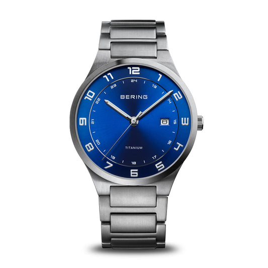 BERING Titanium Brushed Silver 40mm Blue Sunray Dial Men's Watch 15139-707