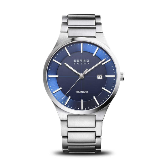 BERING Solar Brushed Silver 39mm Blue Dial Men's Watch 15239-777
