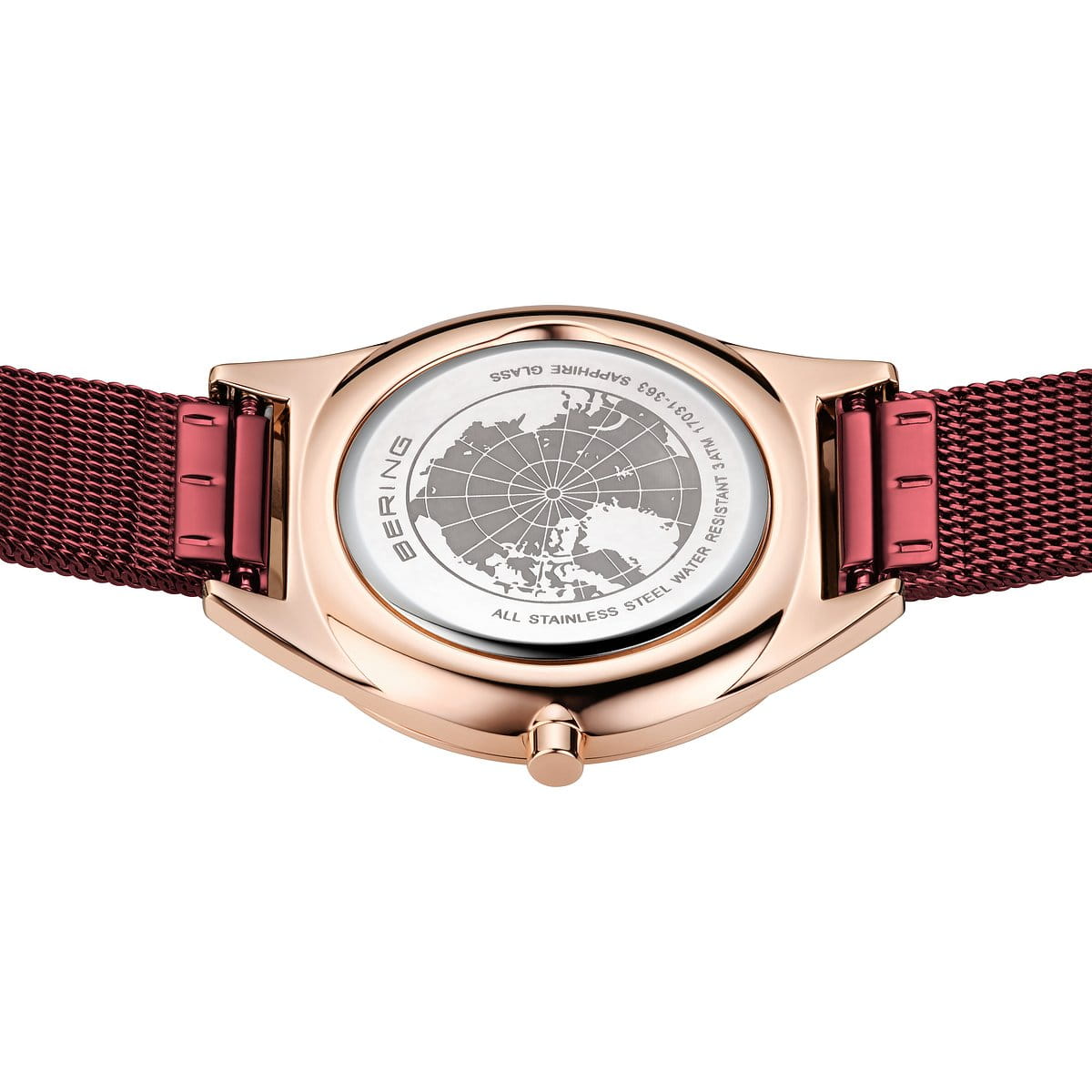 BERING Ultra Slim Polished Rose Gold 31mm Red Sunray Dial Women's Watch 17031-363