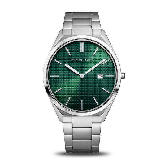 BERING Ultra Slim Polished/Brushed Silver 40mm Green Sunray Dial Men's Watch 17240-708