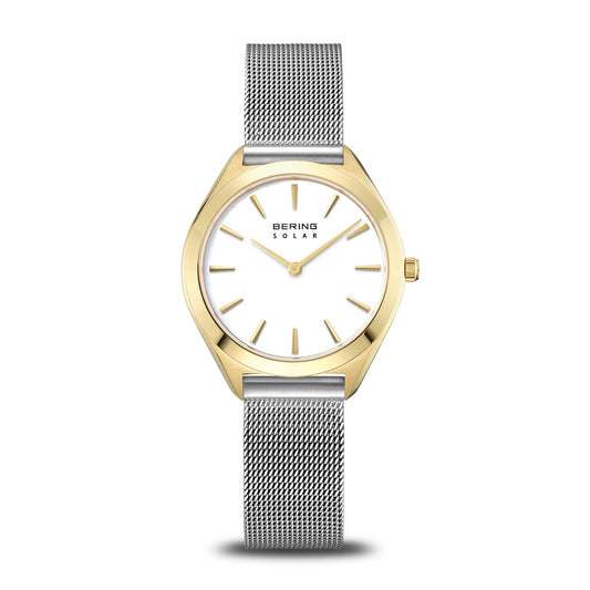 BERING Solar Polished Gold 35mm White Sunray Dial Women's Watch 17331-010