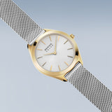 BERING Solar Polished Gold 35mm White Sunray Dial Women's Watch 17331-010