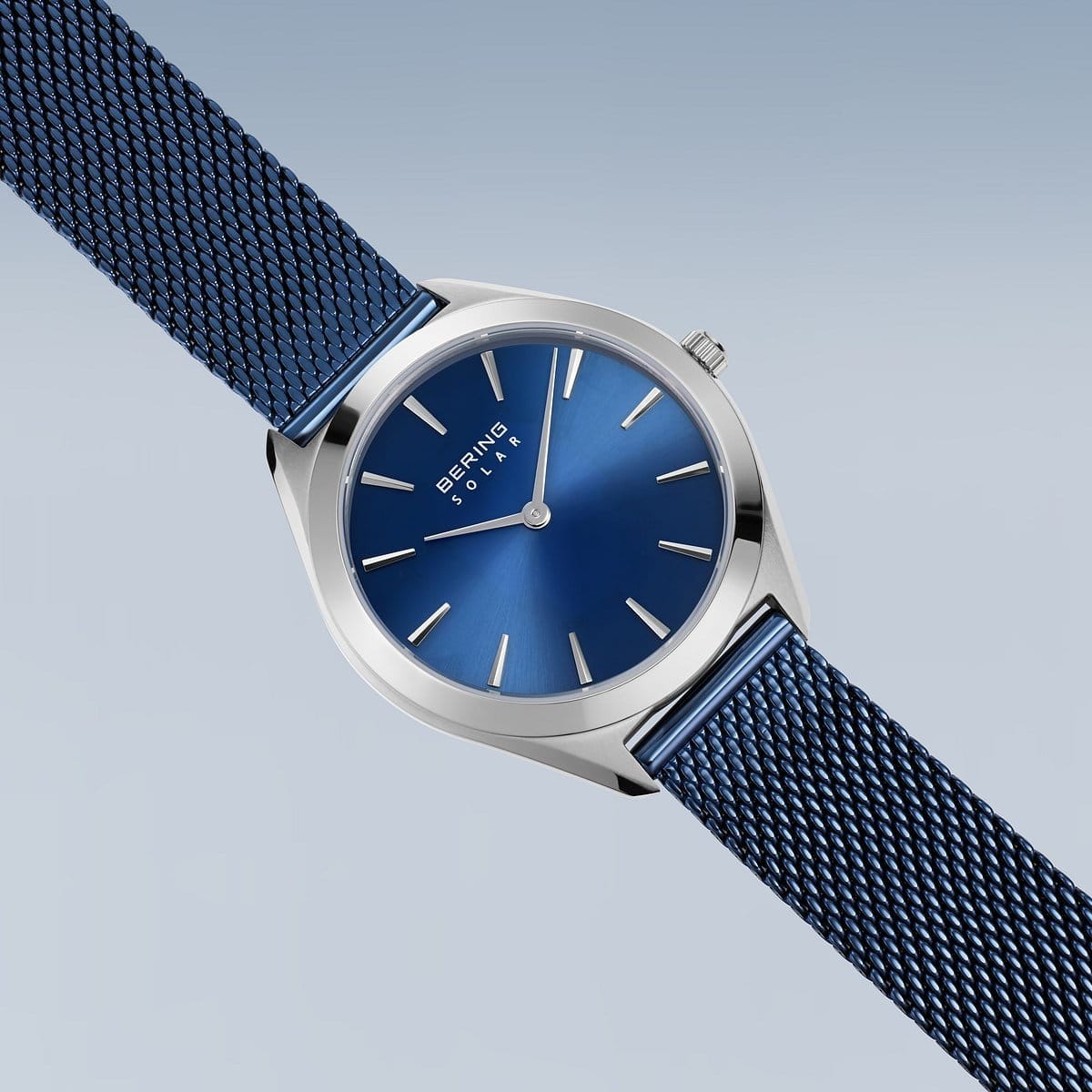 BERING Solar Polished Silver 35mm Blue Sunray Dial Women's Watch 17331-307