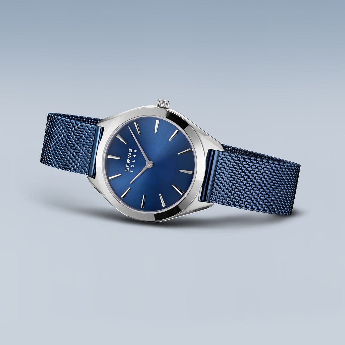 BERING Solar Polished Silver 35mm Blue Sunray Dial Women's Watch 17331-307