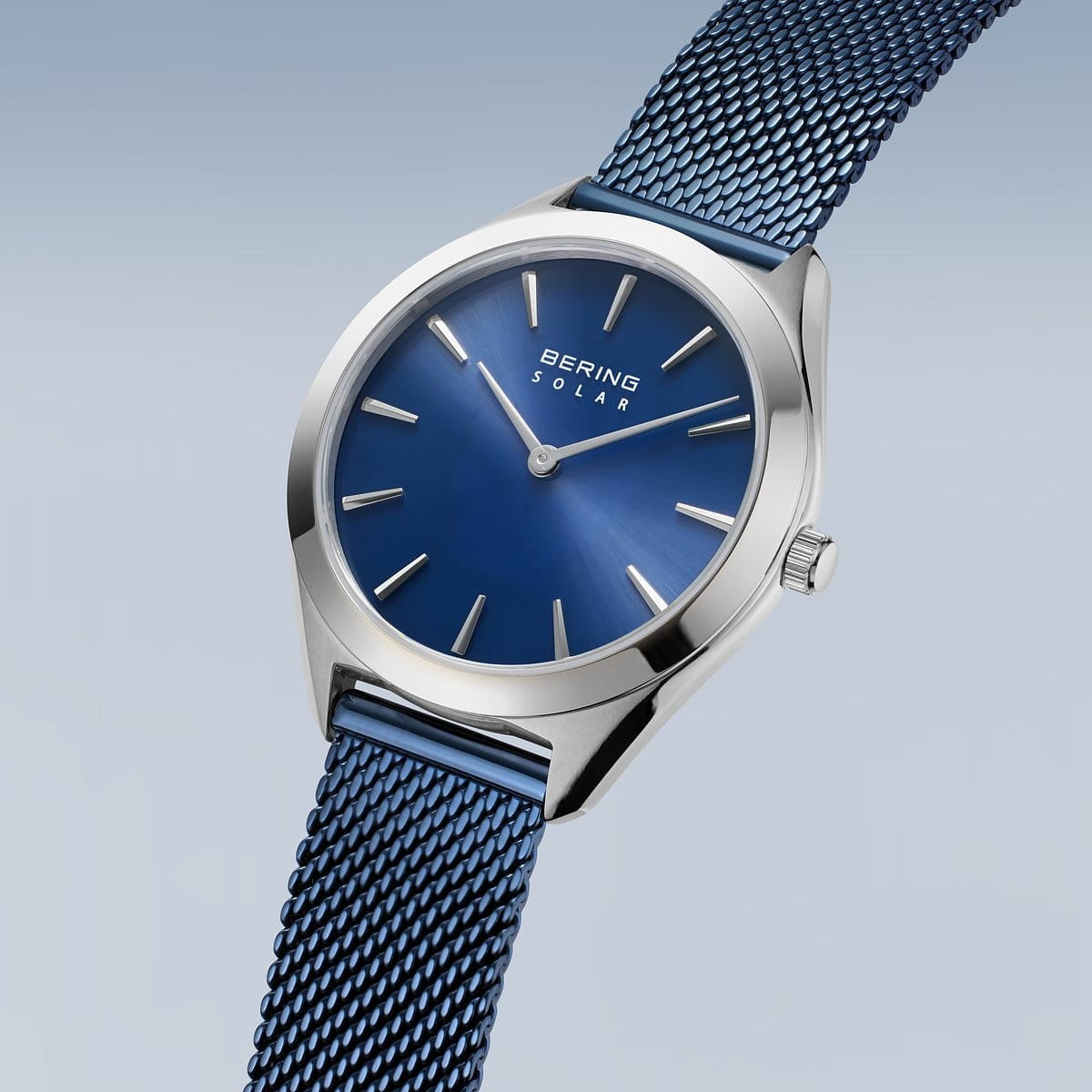 BERING Solar Polished Silver 35mm Blue Sunray Dial Women's Watch 17331-307