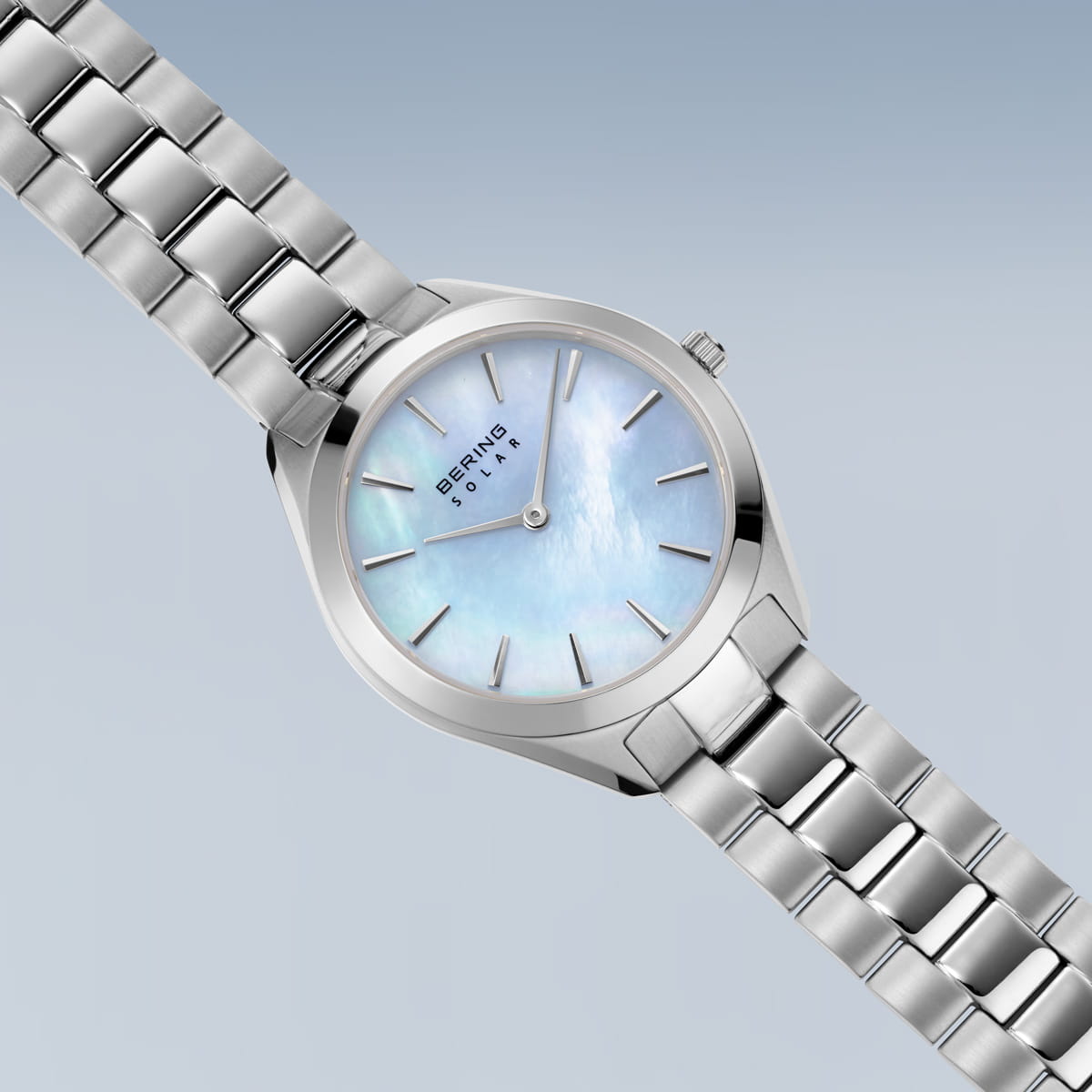 BERING Solar Polished Silver 31mm Blue Mother of Pearl Dial Women's Watch 17331-707