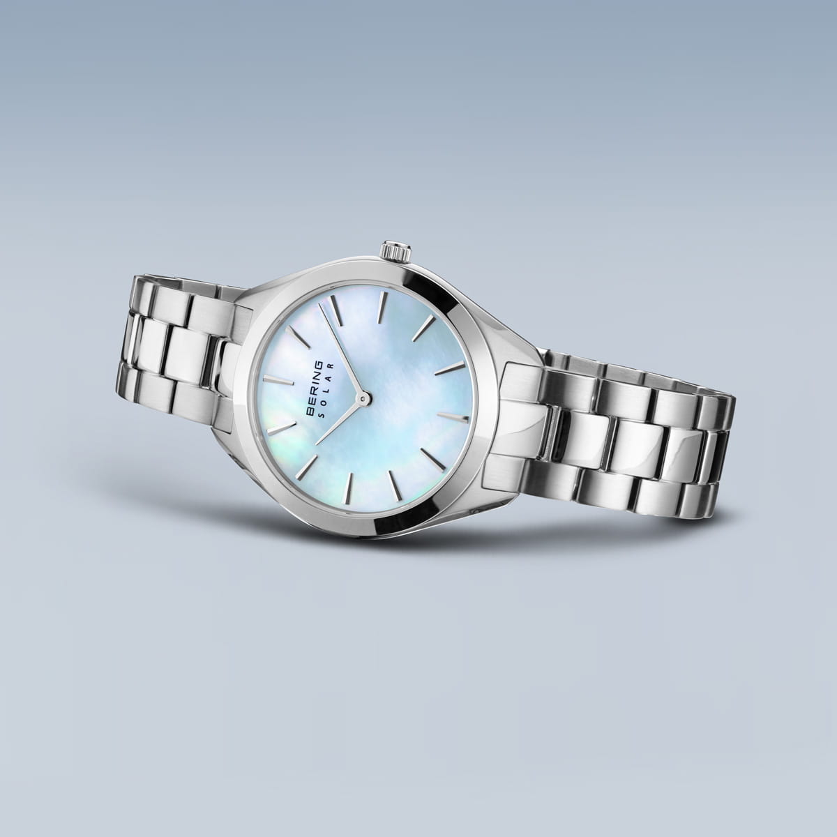 BERING Solar Polished Silver 31mm Blue Mother of Pearl Dial Women's Watch 17331-707
