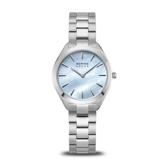 BERING Solar Polished Silver 31mm Blue Mother of Pearl Dial Women's Watch 17331-707