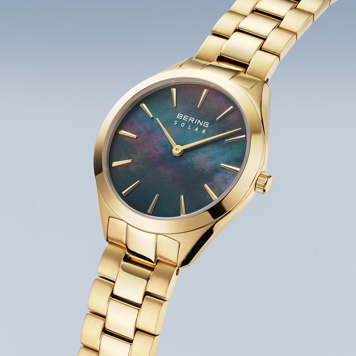 BERING Solar Polished Gold 31mm Deep Blue Mother of Pearl Dial Women's Watch 17331-732