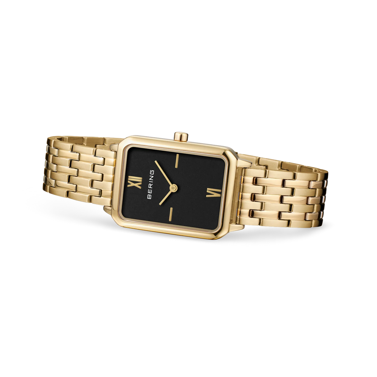 BERING Rectangular Roman Numeral Link Watch Black Gold 23mm Black Dial Women's Watch 17423-732