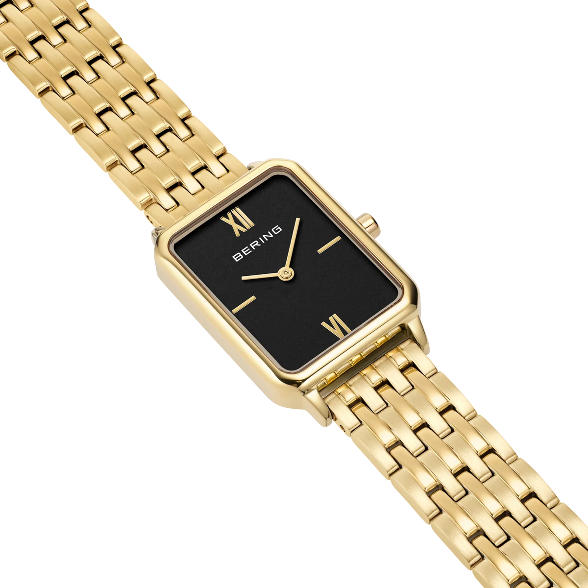 BERING Rectangular Roman Numeral Link Watch Black Gold 23mm Black Dial Women's Watch 17423-732