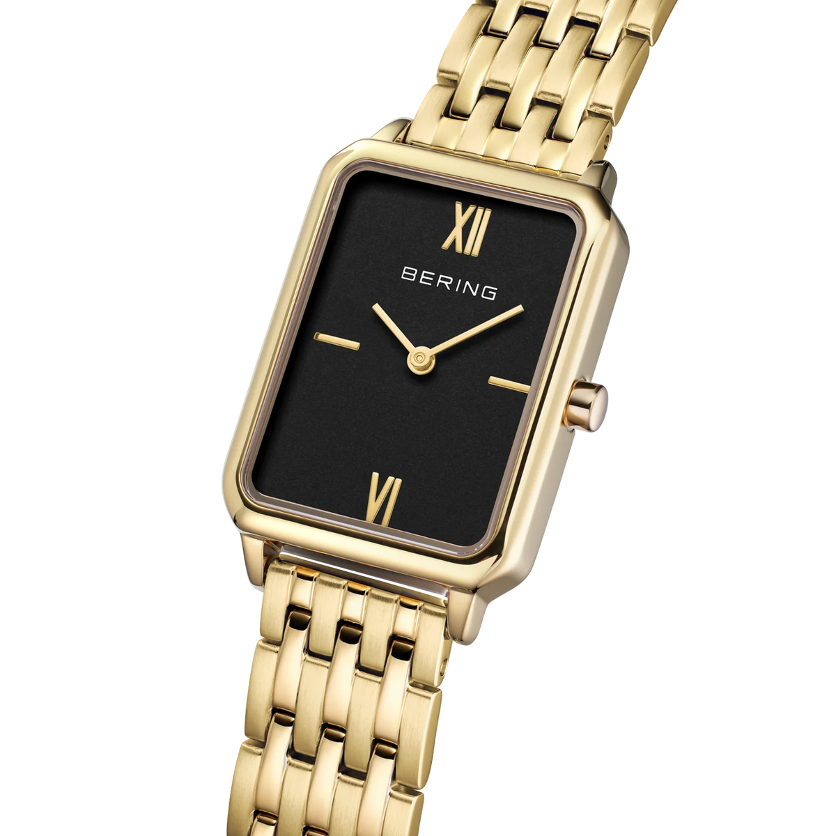 BERING Rectangular Roman Numeral Link Watch Black Gold 23mm Black Dial Women's Watch 17423-732