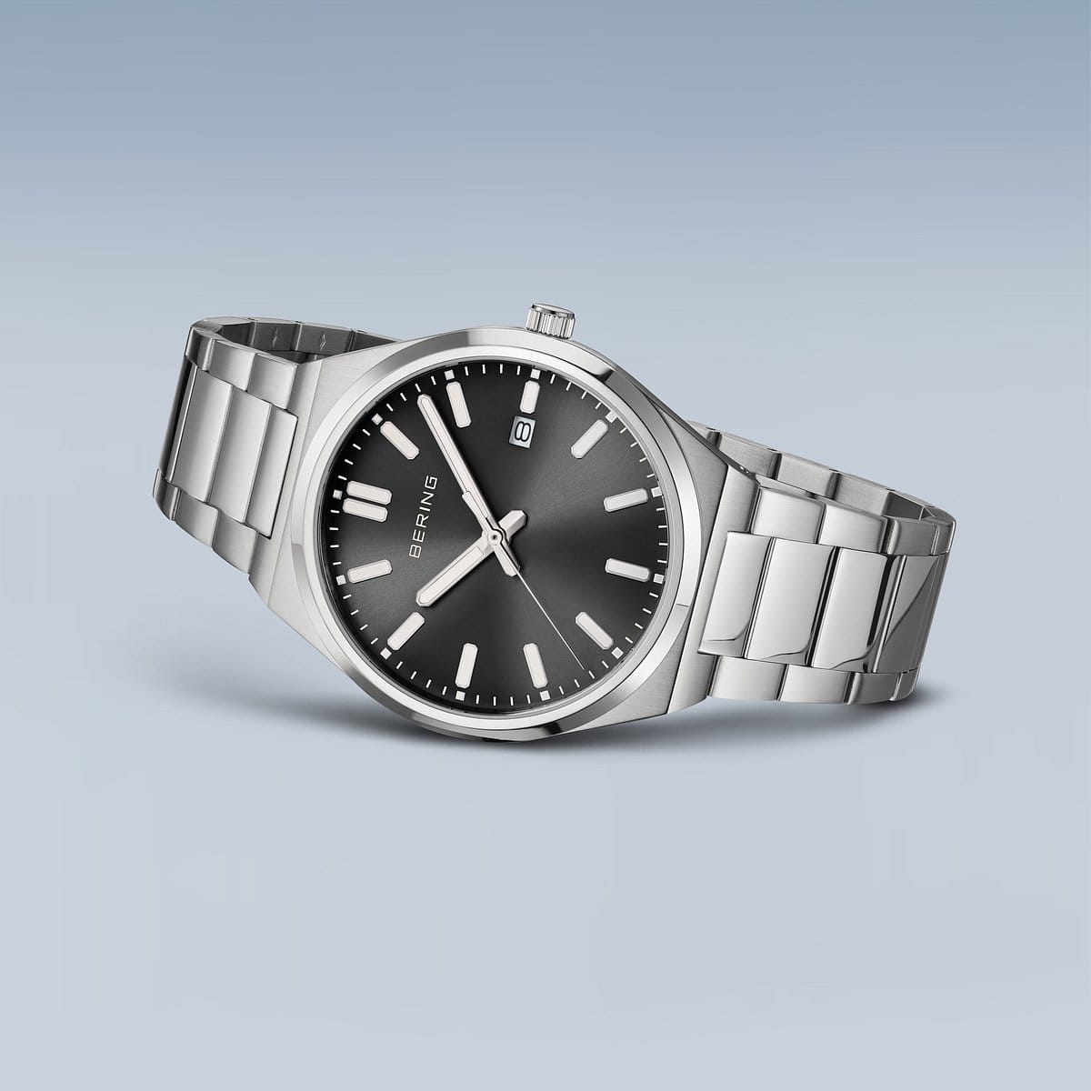 BERING Classic Polished Silver 39mm Black Sunray Dial Men's Watch 17639-702