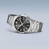 BERING Classic Polished Silver 39mm Black Sunray Dial Men's Watch 17639-702