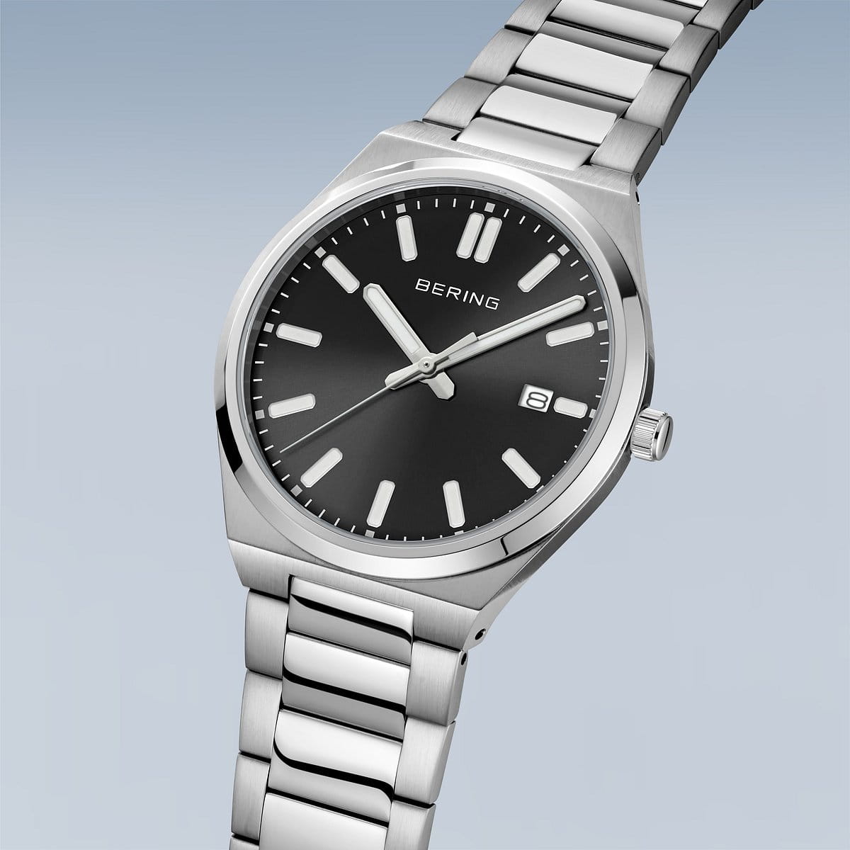 BERING Classic Polished Silver 39mm Black Sunray Dial Men's Watch 17639-702
