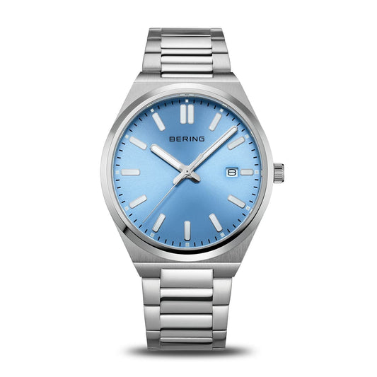 BERING Classic Polished Silver 39mm Blue Sunray Dial Men's Watch 17639-707
