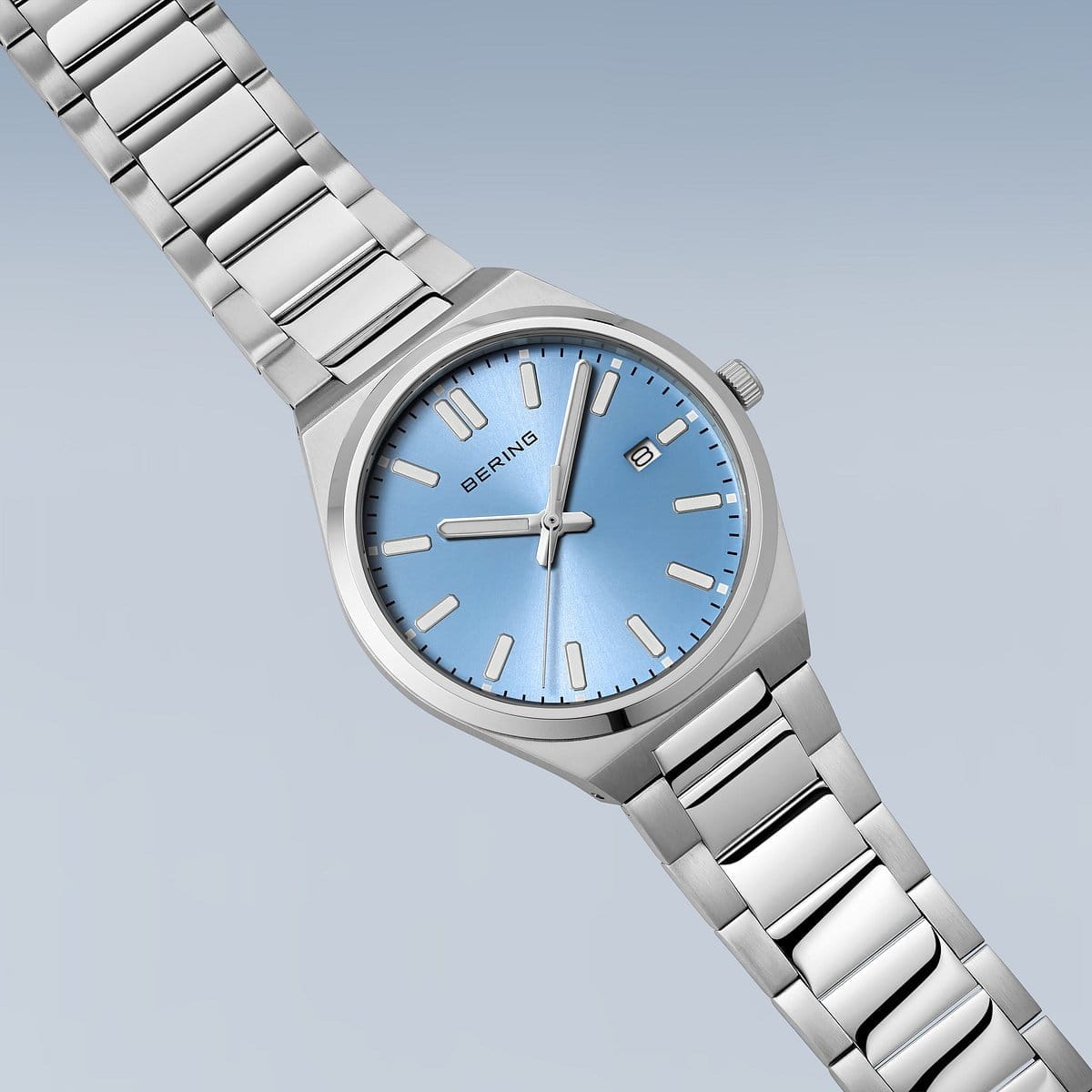 BERING Classic Polished Silver 39mm Blue Sunray Dial Men's Watch 17639-707