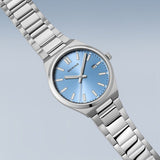 BERING Classic Polished Silver 39mm Blue Sunray Dial Men's Watch 17639-707