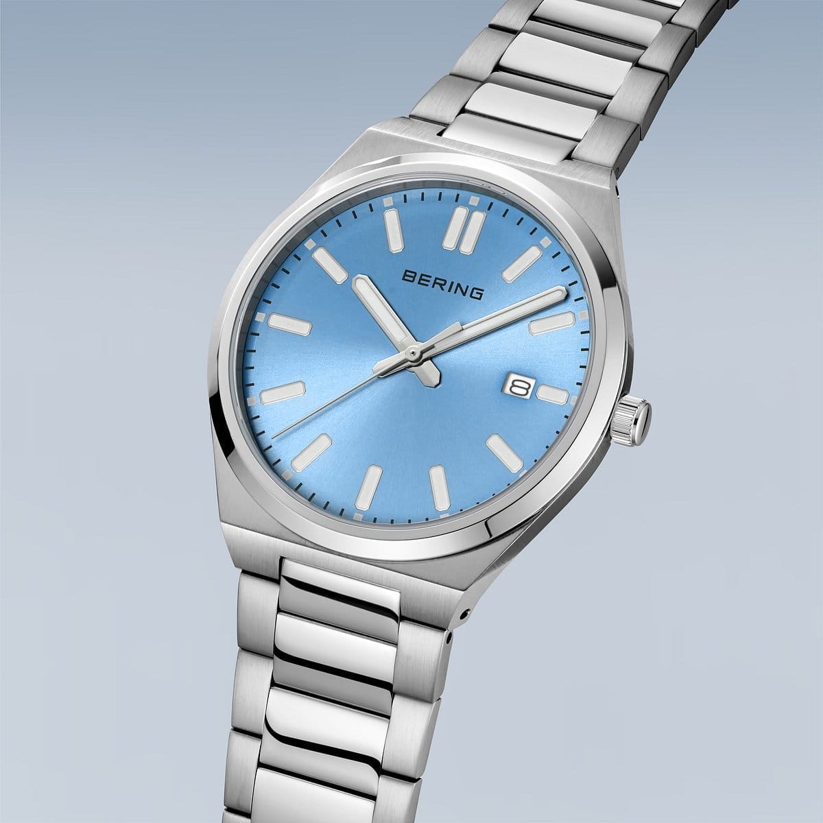 BERING Classic Polished Silver 39mm Blue Sunray Dial Men's Watch 17639-707