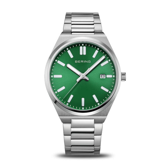 BERING Classic Polished Silver 40mm Green Sunray Dial Men's Watch 17639-708