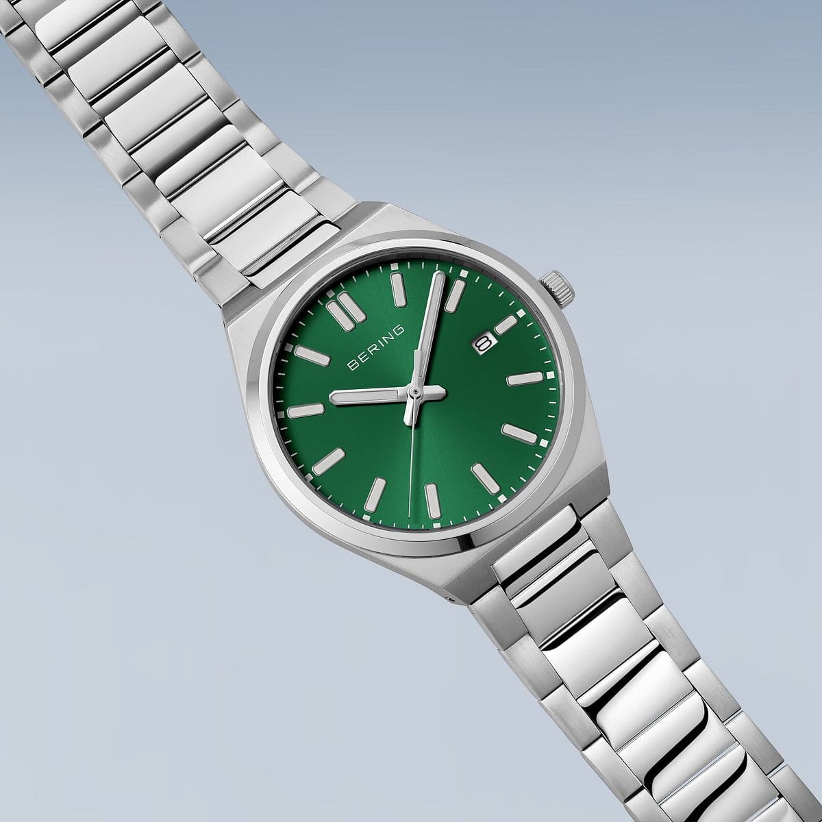 BERING Classic Polished Silver 40mm Green Sunray Dial Men's Watch 17639-708