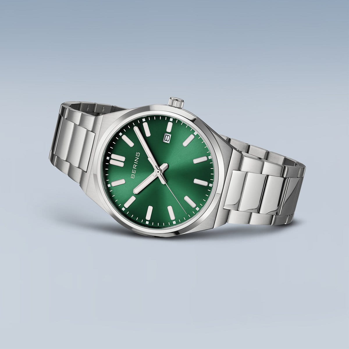 BERING Classic Polished Silver 40mm Green Sunray Dial Men's Watch 17639-708