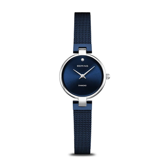BERING Classic Polished Silver 24mm Blue Diamond Dial Women's Watch 17724-307
