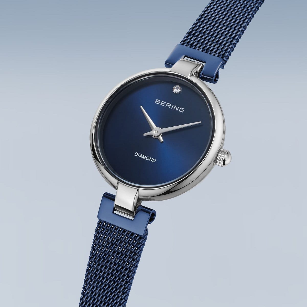 BERING Classic Polished Silver 24mm Blue Diamond Dial Women's Watch 17724-307
