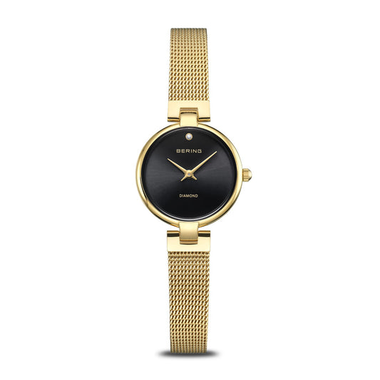 BERING Classic Polished Gold 24mm Black Diamond Dial Women's Watch 17724-332