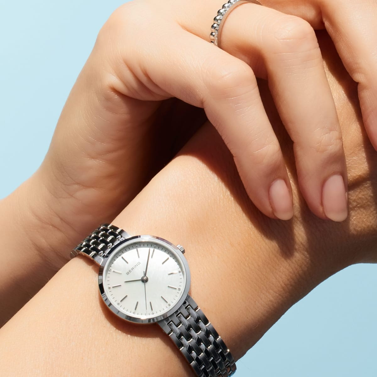 BERING Classic Polished Silver 26mm White Mother of Pearl Dial Women's Watch 19126-700