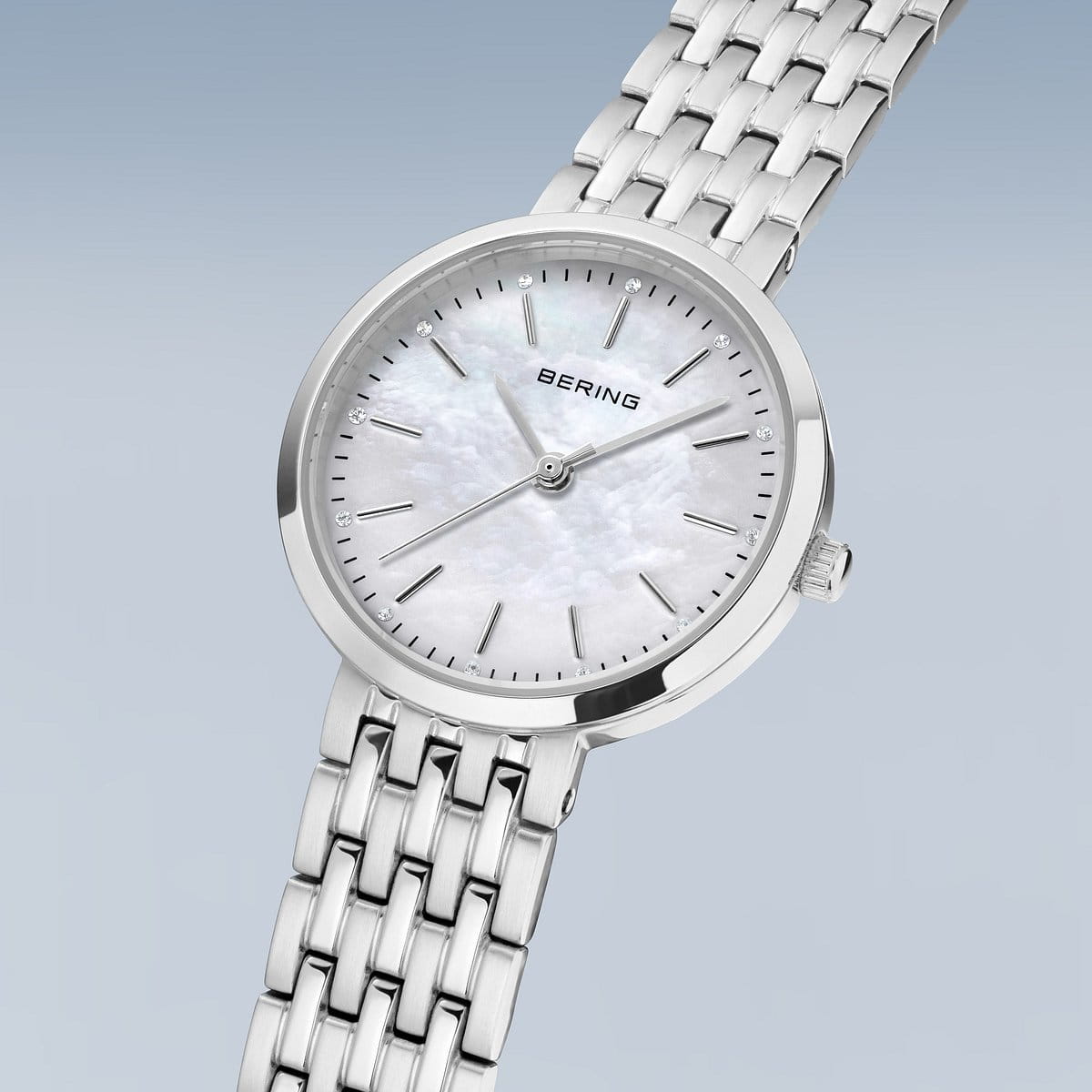 BERING Classic Polished Silver 26mm White Mother of Pearl Dial Women's Watch 19126-700