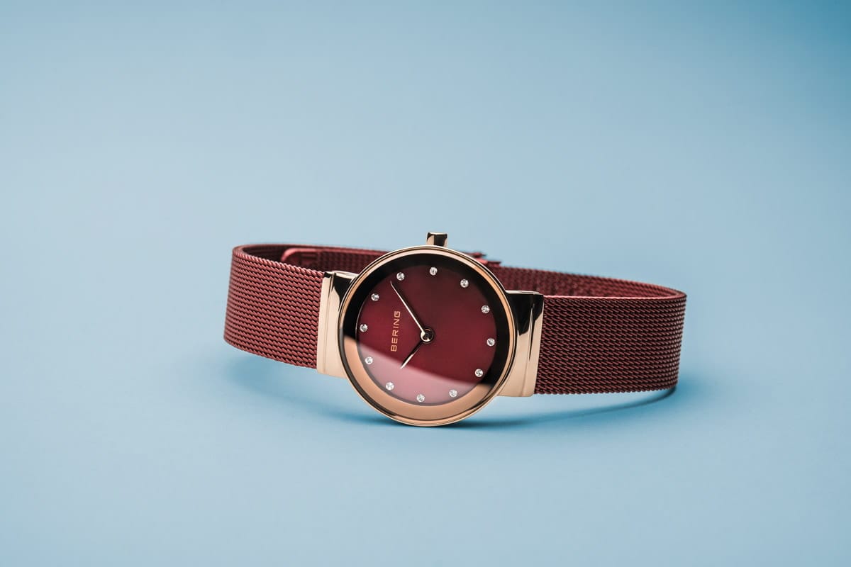BERING Classic Polished Rose Gold 26mm Red Sunray Women's Watch 10126-363
