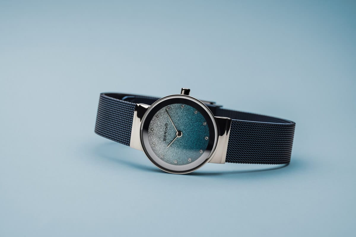 BERING Classic Polished Silver 26mm Blue/Silver Stardust Dial Women's Watch 10126-3073