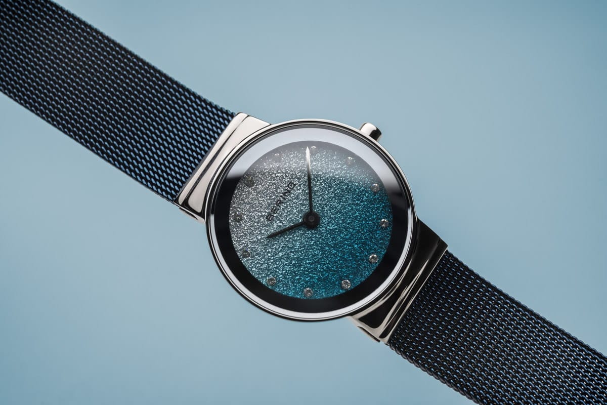 BERING Classic Polished Silver 26mm Blue/Silver Stardust Dial Women's Watch 10126-3073