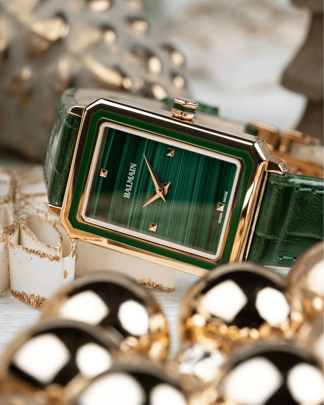 Balmain Eirini 25mm Rectangular Green Leather Strap Women's Watch B43949276