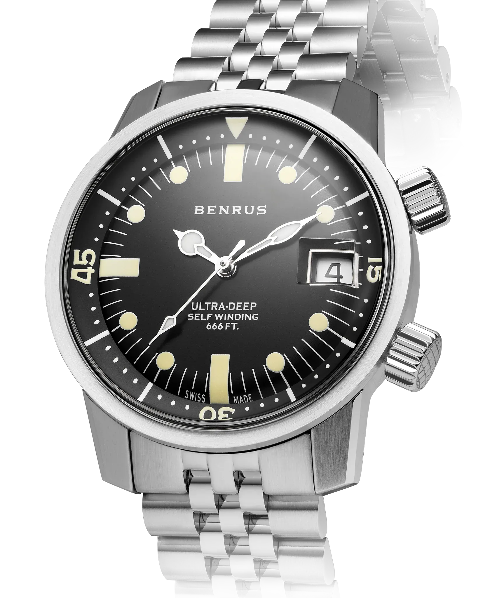 Benrus Ultra-Deep 36.5mm Black Dial Men's Watch UD-SA-BK-SS