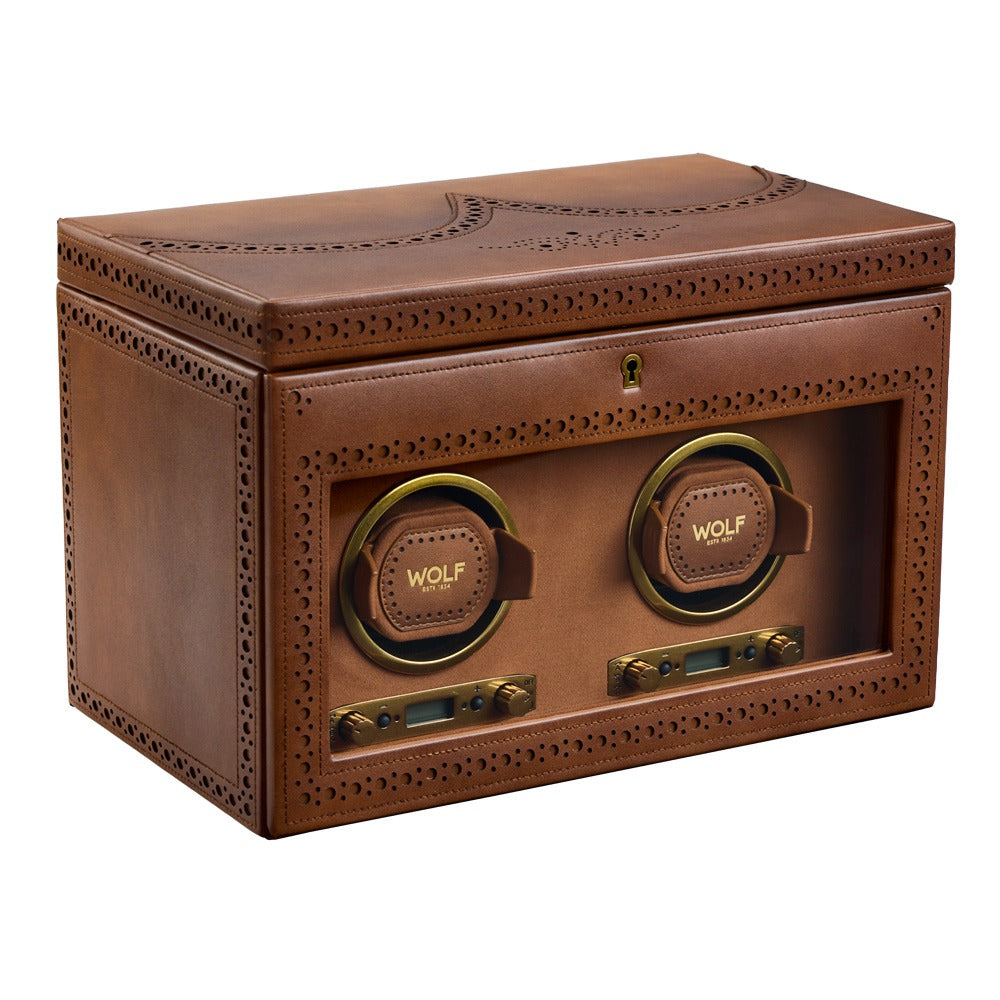 WOLF Brogue Double Watch Winder with Storage Burnished Brown 440206