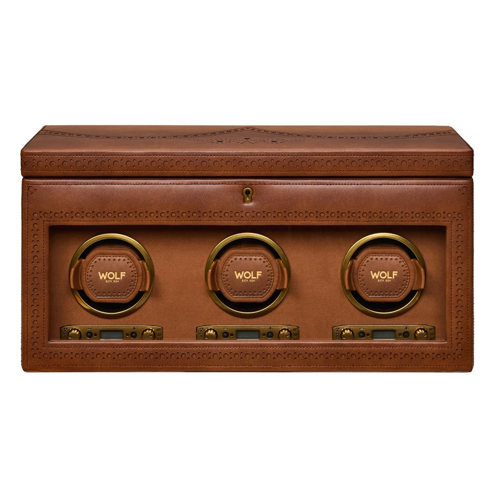 WOLF Brogue Triple Watch Winder with Storage Burnished Brown 440306