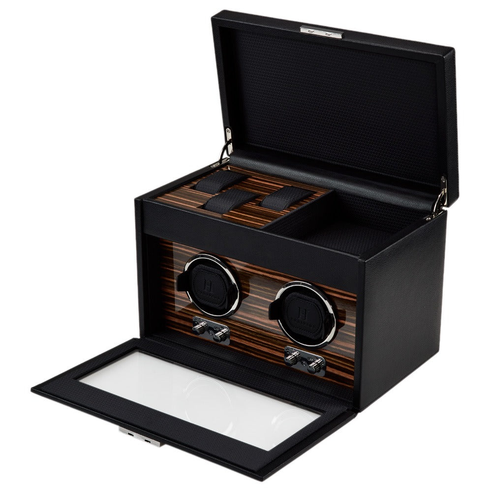 WOLF Heritage Macassar Double Watch Winder with Storage Black 457256