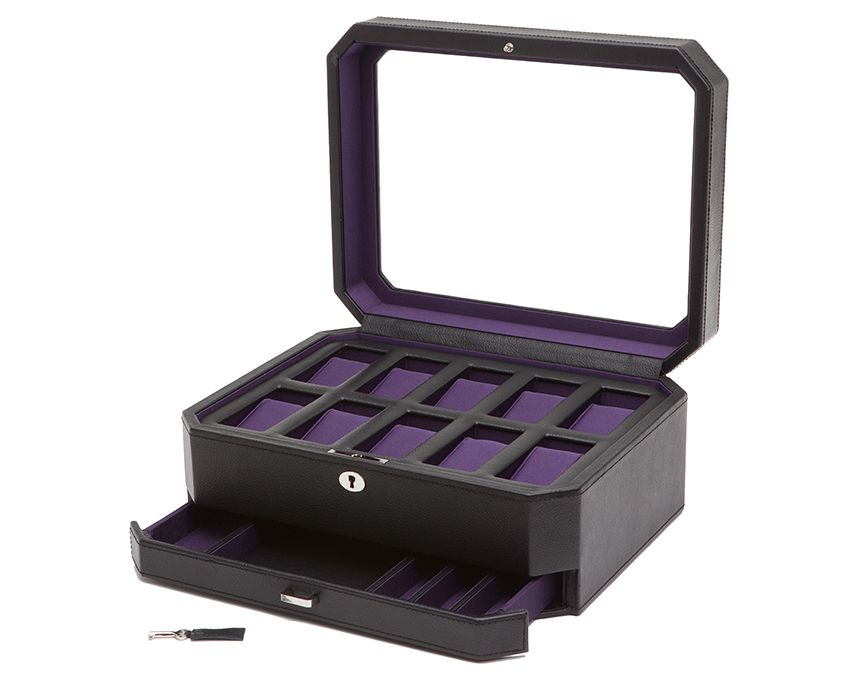 WOLF Windsor 10 Piece Watch Box with Drawer Black/Purple 458603