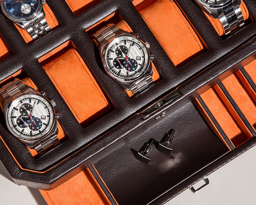 WOLF Windsor 10 Piece Watch Box with Drawer Brown/Orange 458606