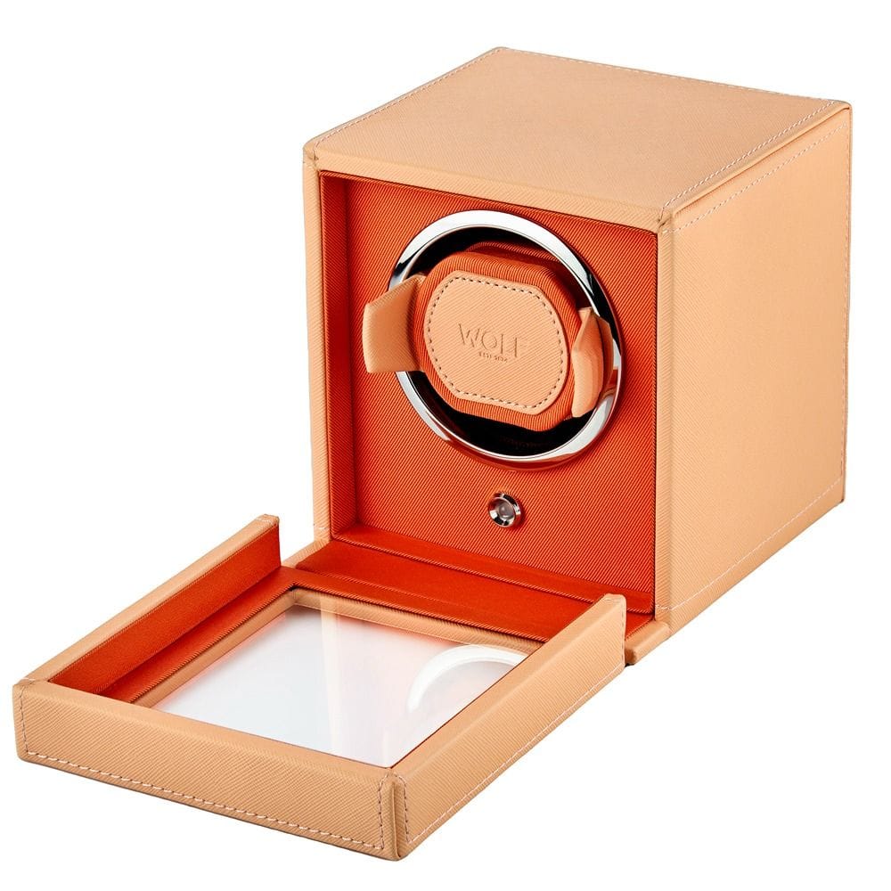 WOLF Cub Single Watch Winder with Cover Seltzer Peach/Orange 461162